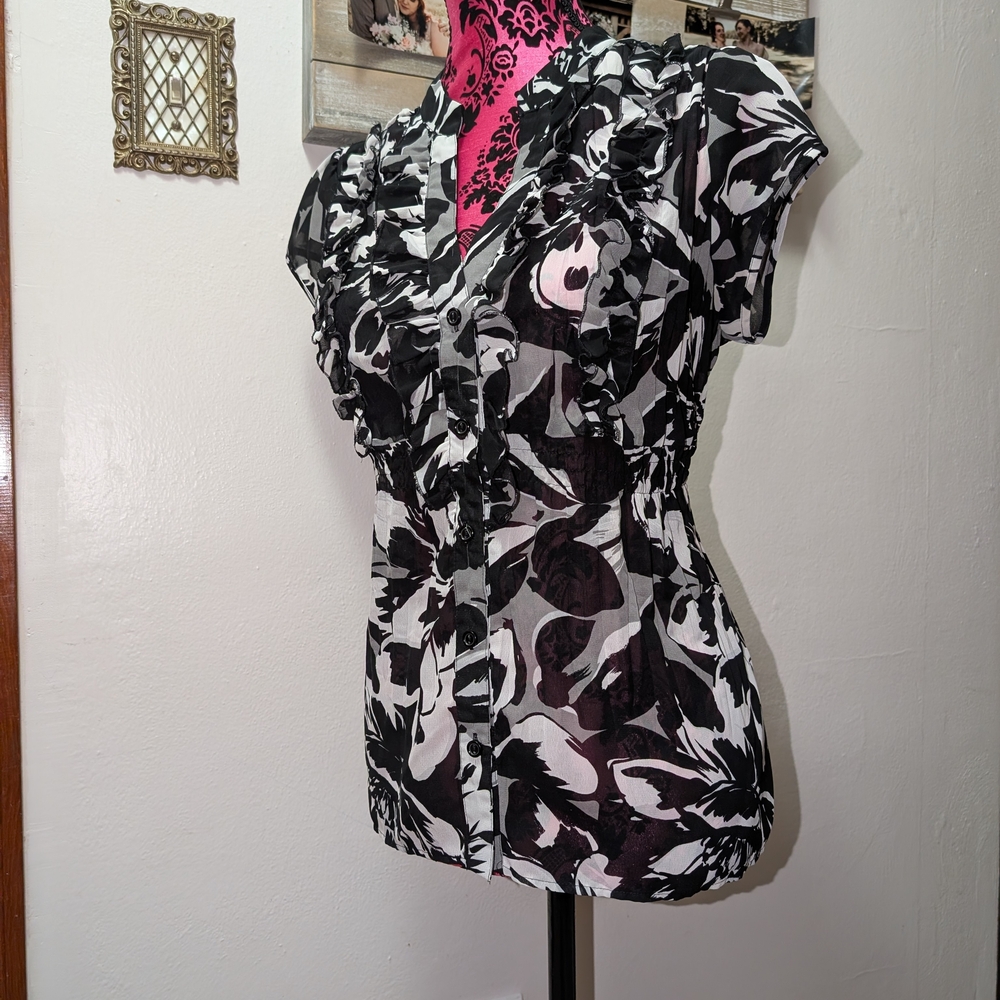 Sheer Black and White Floral Ruffle Blouse